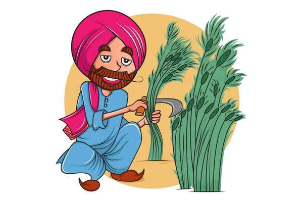 Vector Cartoon Illustration Punjabi Farmer Cutting Wheat Feals Isolated White — Stock Vector