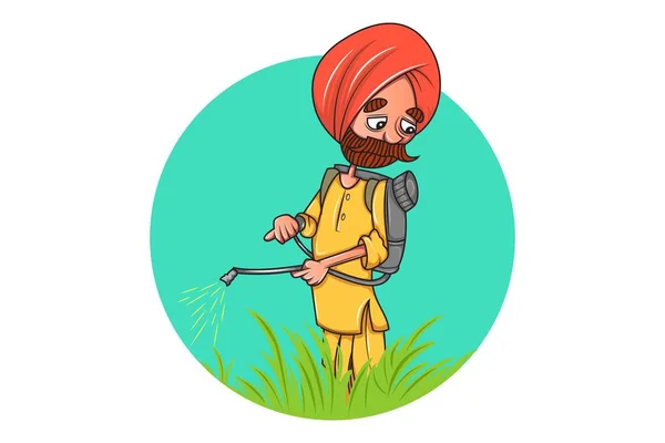 Векторная Карикатурная Иллюстрация Punjabi Farmer Распылительной Машиной Изолированный Белом Фоне — стоковый вектор