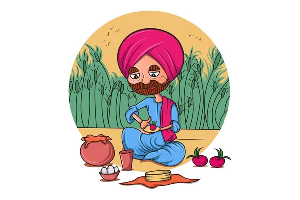 Vector Cartoon Illustration Punjabi Farmer Eating Food Isolated White Background — Stock Vector