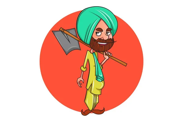 Ilustración Dibujos Animados Vectoriales Del Agricultor Punjabi Sosteniendo Azada Uva — Vector de stock