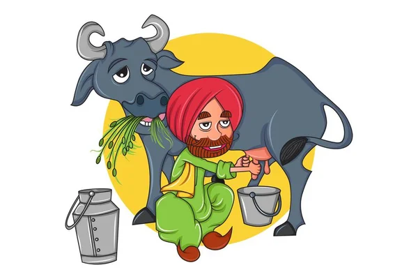 Vector Karikatúra Illusztrációja Punjabi Mezőgazdasági Termelő Bivaly Elszigetelt Fehér Alapon — Stock Vector