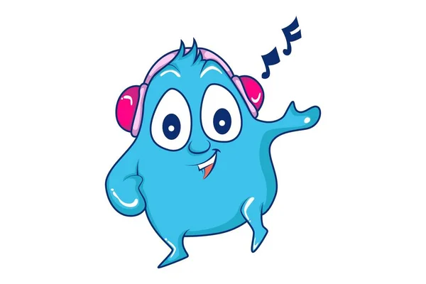 Cartoon Vectorillustratie Van Schattige Blauwe Monster Luister Liedjes Geïsoleerd Witte — Stockvector