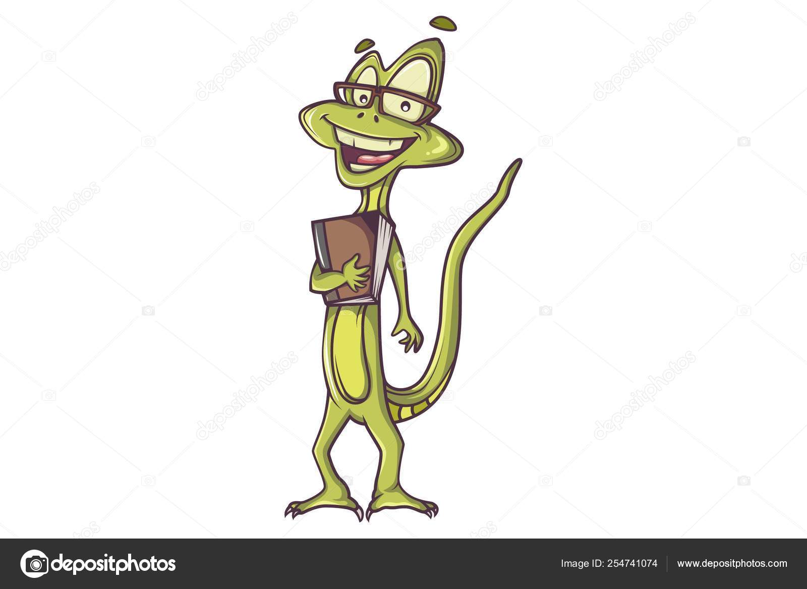 Personagem de desenho animado de um lagarto com óculos e chapéu