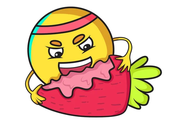 Vector Desenho Animado Ilustração Emoji Bola Bonito Comer Morango Isolado — Vetor de Stock
