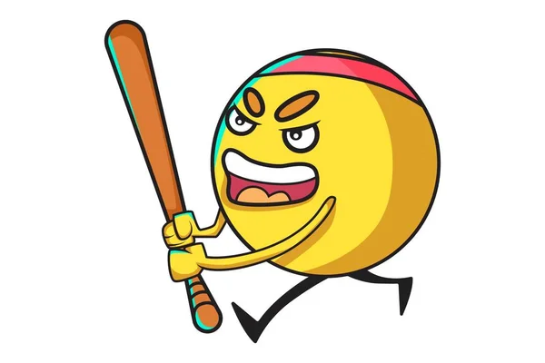 Vector Cartoon Illustratie Van Cute Ball Emoji Met Honkbalknuppel Hand — Stockvector
