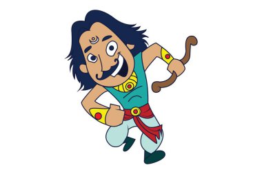 Vektör karikatür illüstrasyon Arjuna Mahabharata yay ile mutlu dan. Beyaz arka plan üzerinde izole.