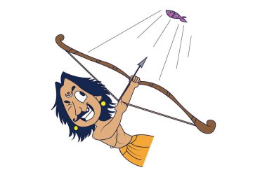 Vektör karikatür çizimi. Lord Arjuna balık avlıyor. Beyaz arka plan üzerinde izole.