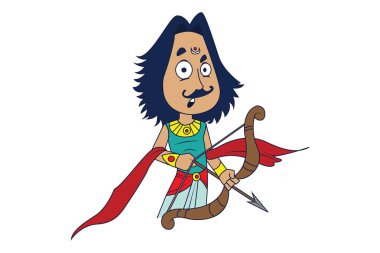 Vektör karikatür çizimi. Lord Arjuna korkmuş ve tutan el yayı. Beyaz arka plan üzerinde izole.