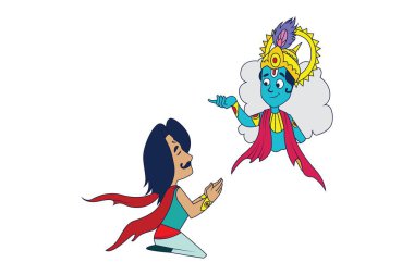 Vektör karikatür çizimi. Arjuna Mahabharata Lord Krishna'ya dua üzerinden. Beyaz arka plan üzerinde izole.