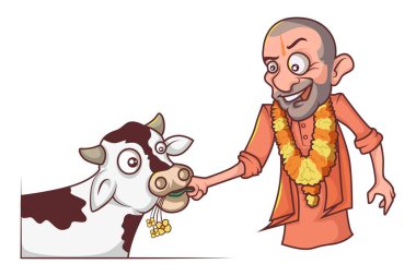 Sığır ile Yogi Adıyanath vektör karikatür Illustration. Beyaz arka planda yalıtılmış.