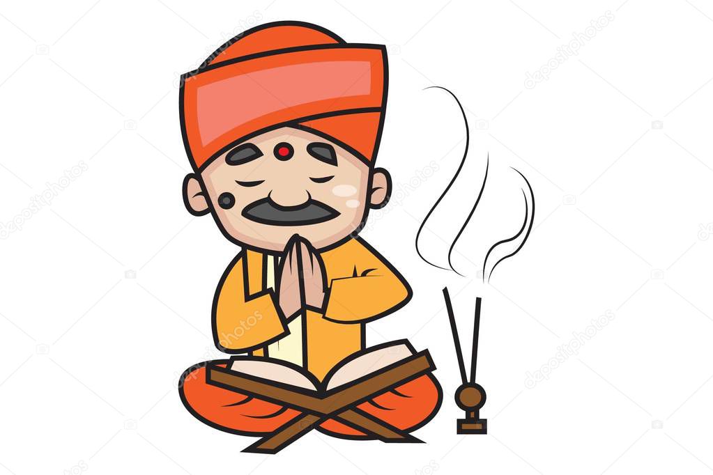 Vector cartoon illustration of cute pandit praying. Isolated on white background.