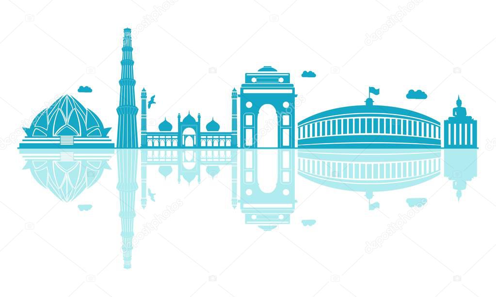 Vector cartoon Illustration of Delhi Skyline. Isolated on white background.