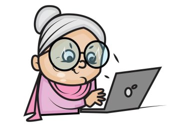 Dizüstü bilgisayar üzerinde çalışan sevimli Büyükanne vektör karikatür Illustration. Beyaz arka planda yalıtılmış.