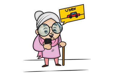 Sevimli Büyükanne vektör karikatür Illustration online Uber cab rezervasyon etmektir. Beyaz arka planda yalıtılmış.
