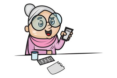 Vektör karikatür illüstrasyon. Sevimli Büyükanne alışveriş online ödüyor. Beyaz arka planda yalıtılmış.