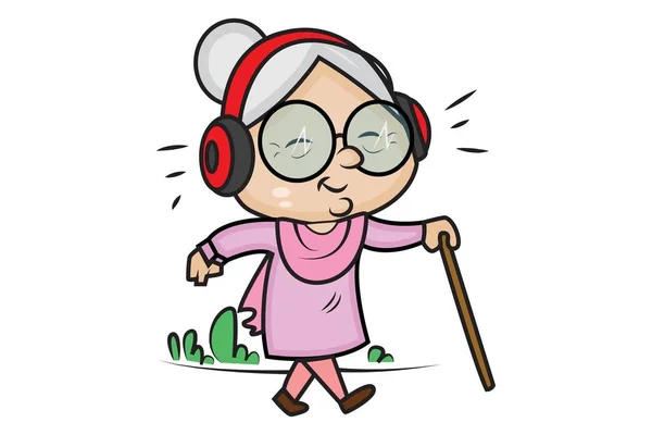 Ilustrasi Kartun Vektor Nenek Yang Lucu Mendengarkan Lagu Dengan Headphone - Stok Vektor