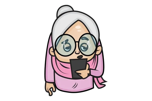 Векторная Карикатурная Иллюстрация Симпатичной Бабушки Помощью Мобильного Телефона Изолированный Белом — стоковый вектор