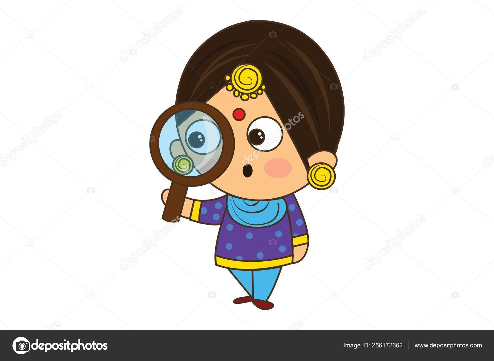 Vector Cartoon Illustration Punjabi Sardarni Magnifying Glass Isolated