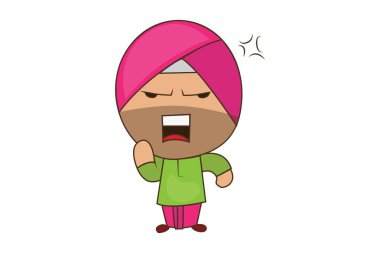 Punjabi sardar öfkeli vektör karikatür Illustration. Beyaz arka planda yalıtılmış.