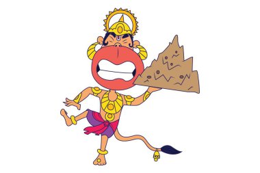 Tepe ile Lord Hanuman vektör karikatür Illustration. Beyaz arka planda yalıtılmış.