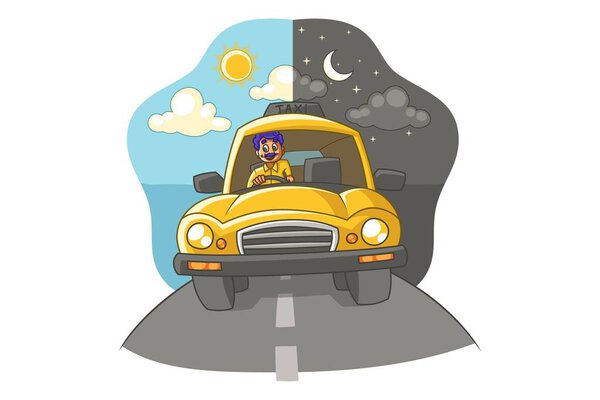 Vector cartoon illustration of taxi driver travelling 24 hours. Isolated on white background.