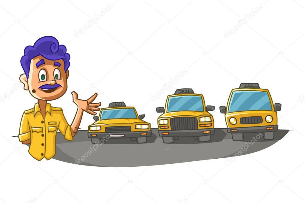 Vector cartoon illustration of taxi driver showing taxis. Isolated on white background.