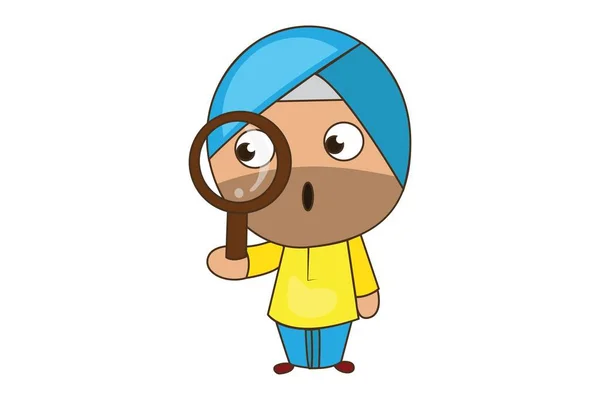 Desenho Animado Vetorial Ilustração Sardar Punjabi Com Lupa Isolado Sobre — Vetor de Stock