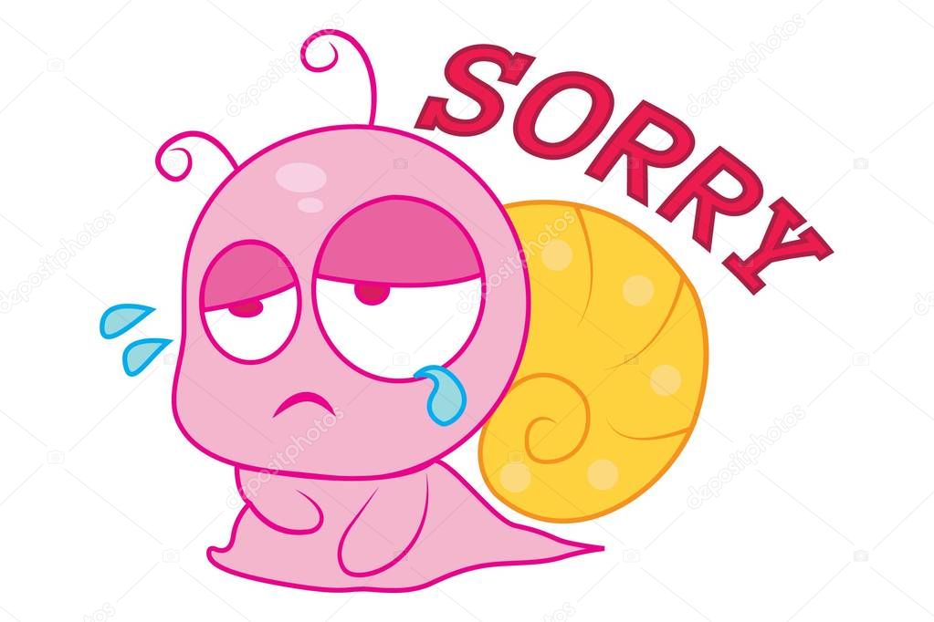 Vector cartoon illustration of cute snail saying sorry. Isolated on white background.