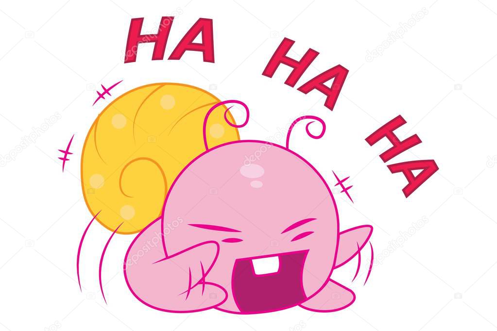 Vector cartoon illustration of cute snail laughing. Isolated on white background.