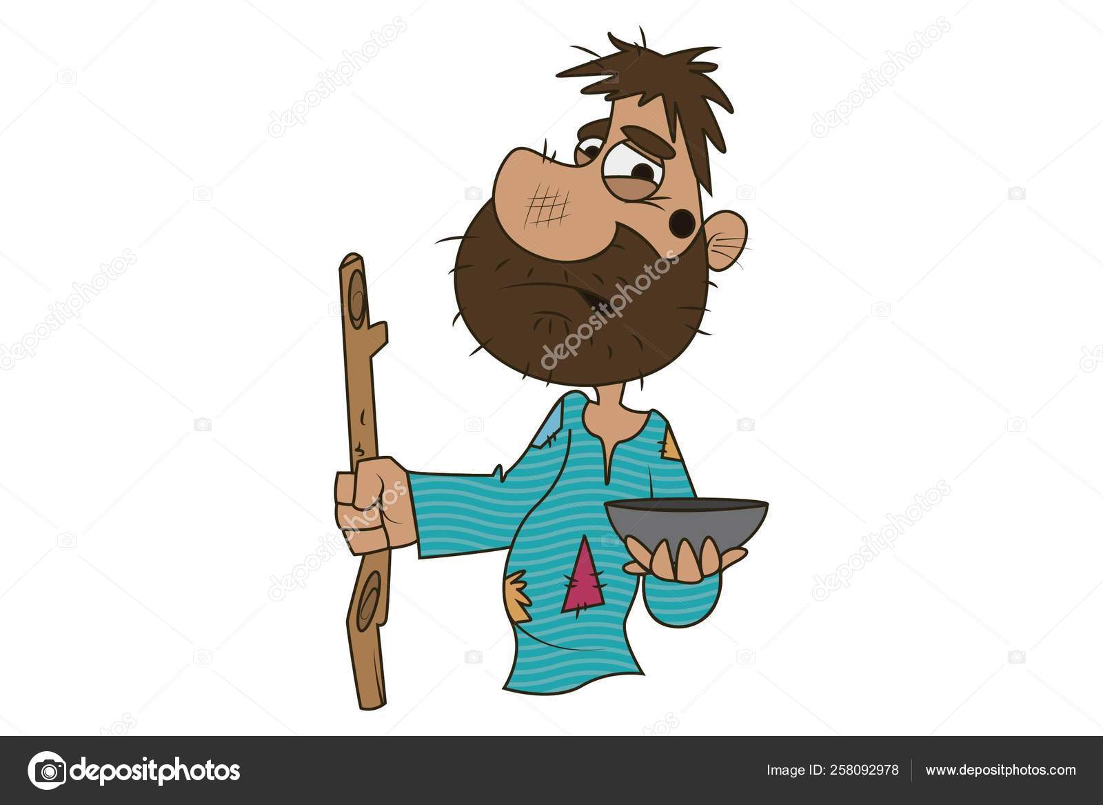 Vector Cartoon Illustration Cute Beggar Holding Stick Bowl Hand Isolated  Stock Vector Image by ©F1Digitals #258092978