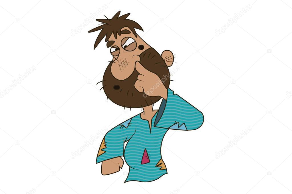Vector cartoon illustration of cute beggar finger in nose. Isolated on white background.