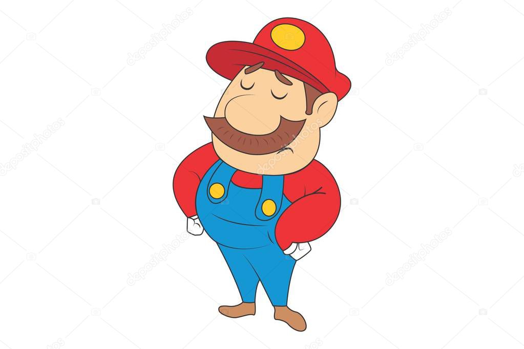 Vector cartoon illustration of cute mario upset. Isolated on white background.