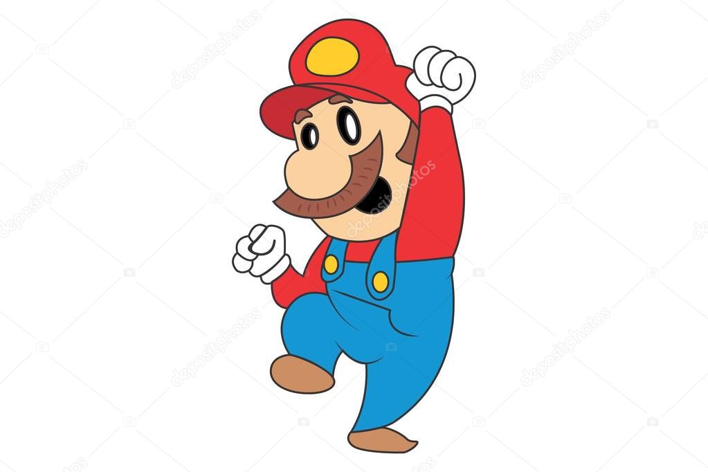 Vector cartoon illustration of cute mario dancing. Isolated on white background.