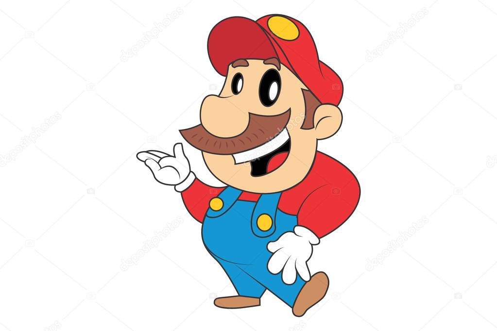 Vector cartoon illustration of cute mario smirking. Isolated on white background.