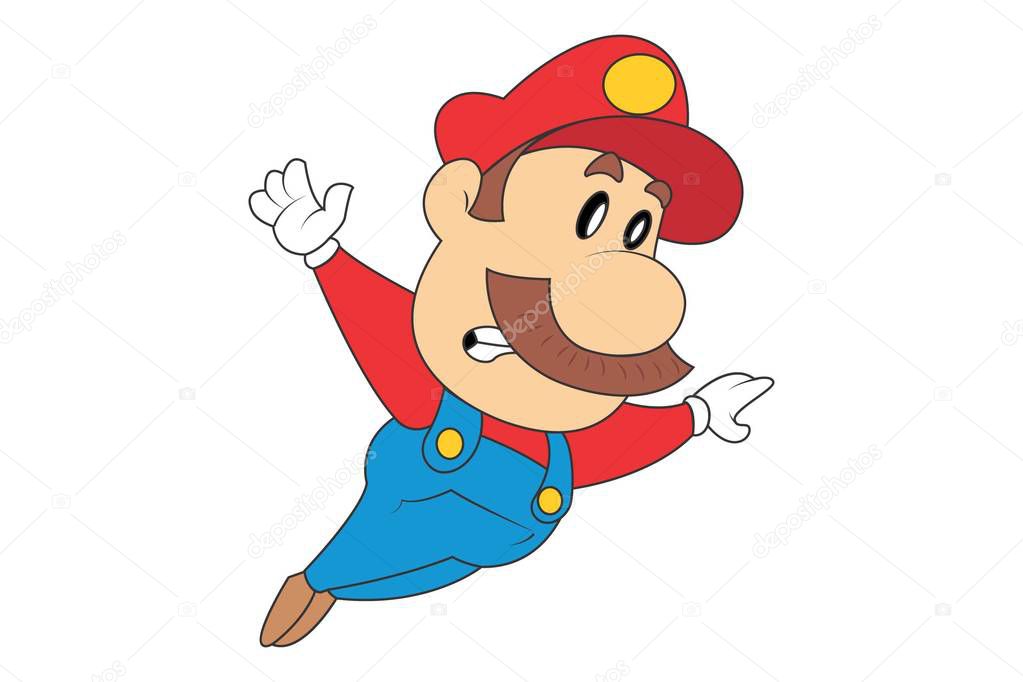 Vector cartoon illustration of cute mario jumping. Isolated on white background.