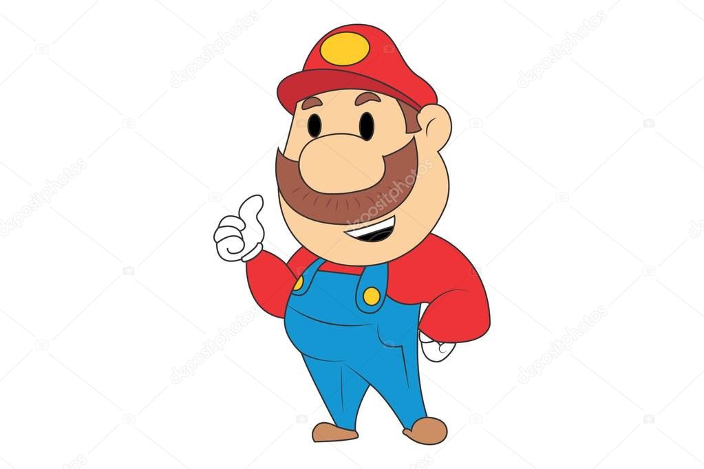 Vector cartoon illustration of cute mario showing thumbs up. Isolated on white background.