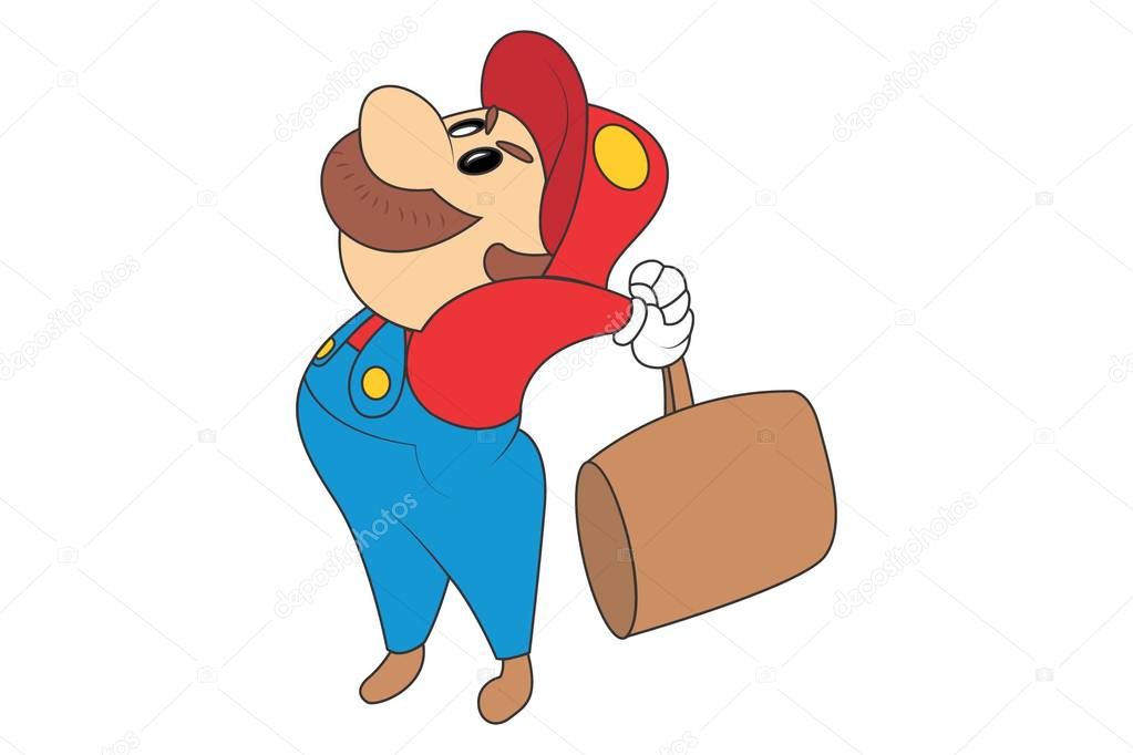 Vector cartoon illustration of cute mario with hammer. Isolated on white background.
