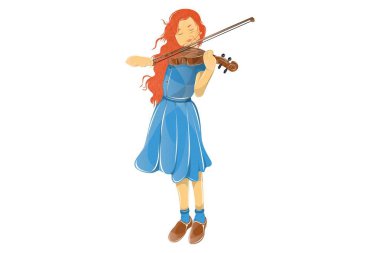 Gitar çalan sevimli kız Vektör karikatür illüstrasyon. Beyaz arka planda yalıtılmış.