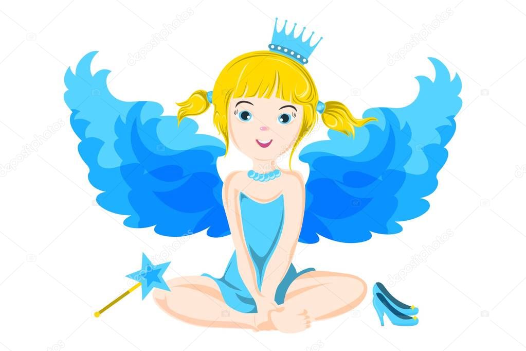 Vector cartoon illustration of blue fairy. Isolated on white background.