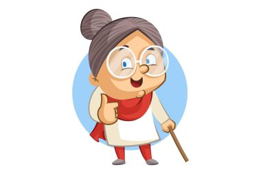Başparmak gösteren karikatür büyükanne Vektör illüstrasyon. Beyaz arka planda yalıtılmış.