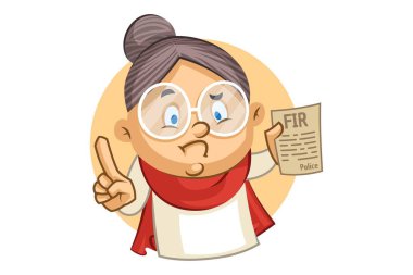 Fir şikayet kağıt gösteren sevimli büyükanne Vektör karikatür illüstrasyon. Beyaz arka planda yalıtılmış.