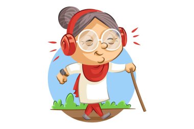 Vektör karikatür illüstrasyon. Sevimli büyükanne kulaklıkile şarkı dinliyor ve elinde bir sopa tutarak yürümek için gidiyor. Beyaz arka planda yalıtılmış.