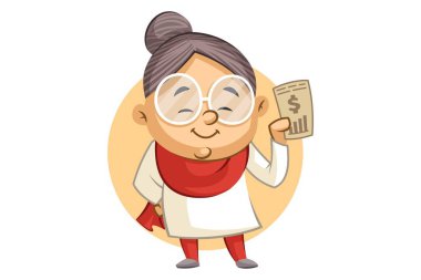Sevimli büyükanne Vektör karikatür illüstrasyon telefonda dolar işareti gösteren. Beyaz arka planda yalıtılmış.