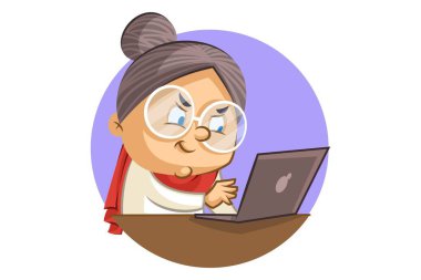 Bir dizüstü bilgisayar üzerinde çalışan sevimli bir büyükanne Vektör karikatür illüstrasyon. Beyaz arka planda yalıtılmış.