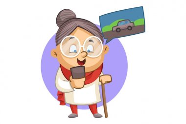 Vektör karikatür illüstrasyon. Sevimli büyükanne bir taksi rezervasyonu ve bir taksi bekliyor. Beyaz arka planda yalıtılmış.