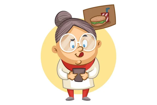 Vector Rajzfilm Illusztrációja Egy Aranyos Nagymama Gondol Evés Burger Gyümölcslé — Stock Vector