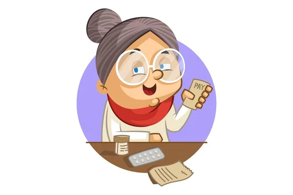 Vektor Cartoon Illustration Einer Niedlichen Großmutter Die Online Bezahlt Isoliert — Stockvektor