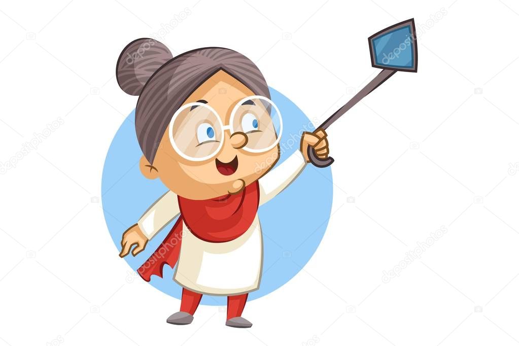 Vector cartoon illustration of cute grandmother clicking a selfie with selfie-stick. Isolated on white background.
