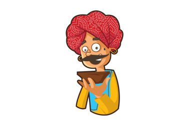 Elinde kase tutan bir rajasthani adam Vektör karikatür illüstrasyon. Beyaz arka planda yalıtılmış.