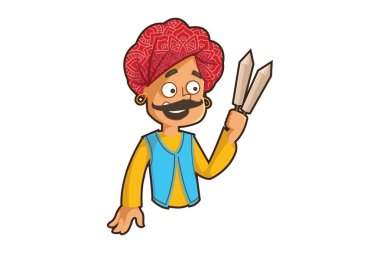 Kulfi tutan rajasthani bir adamın vektör karikatür illüstrasyon. Beyaz arka planda yalıtılmış.